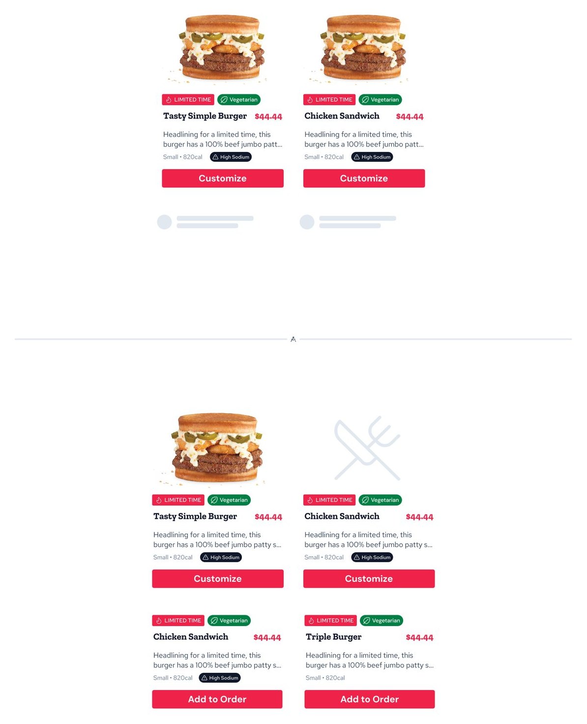 Product cards: with image, loading and missing image.