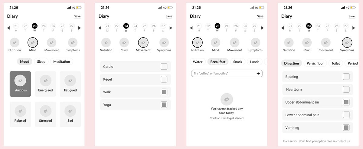 Wireframes of the daily diary.