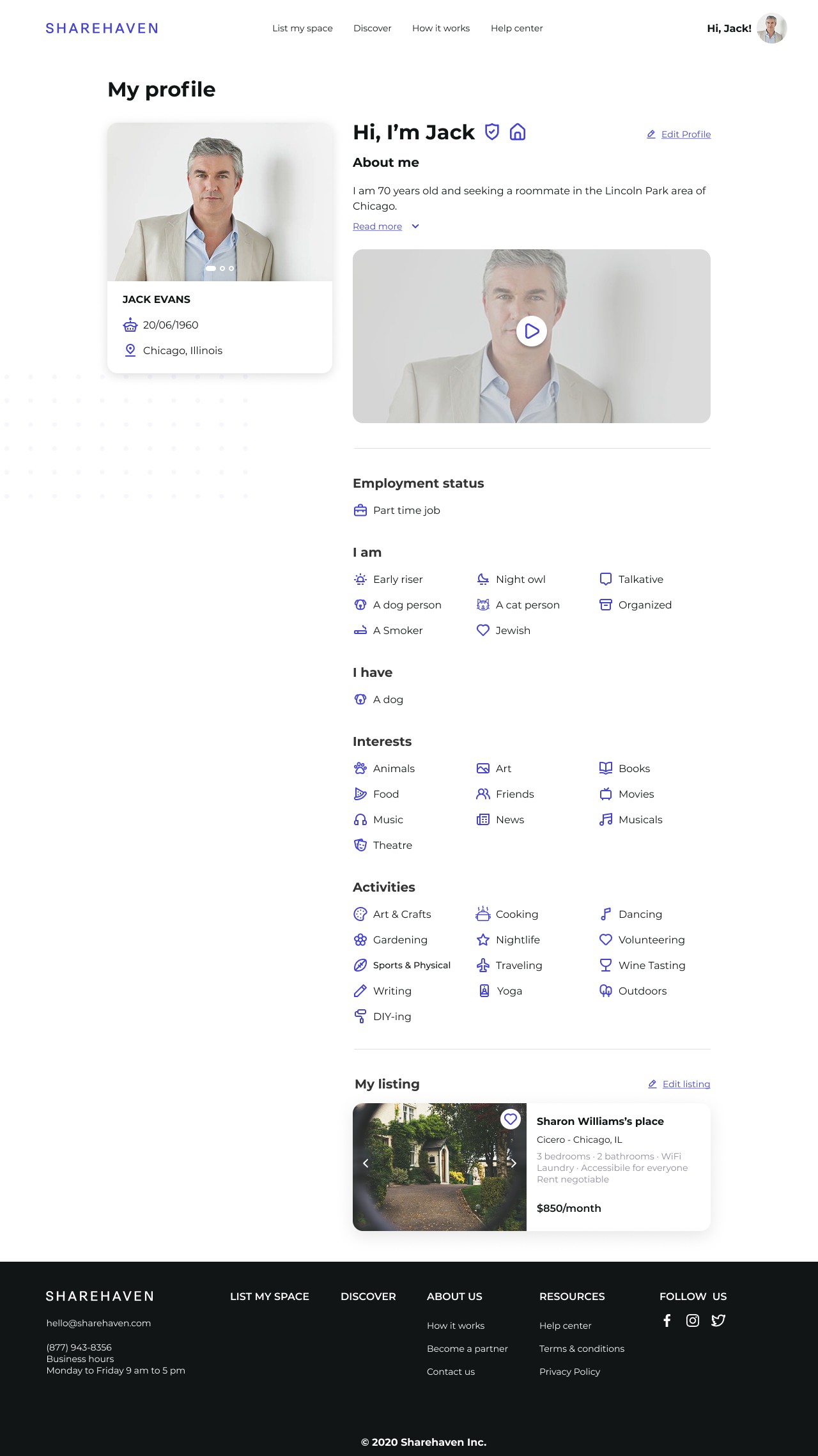 Desktop: profile with lifestyle, interests and listing.