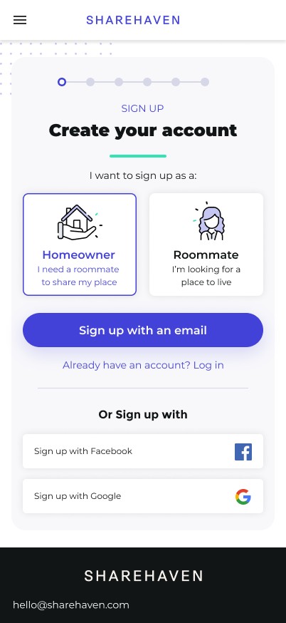 Sign up as homeowner or roommate